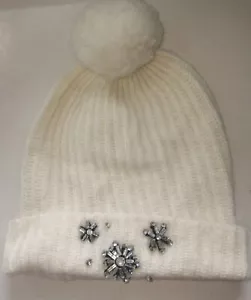 NEW Victoria's Secret White Knit Beanie Pompom Hat Crystal Bead Snowflake Accent - Picture 1 of 6