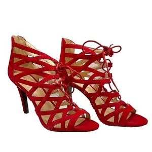 Nine West Authority Peep Toe Cutout Cage Heels Red Suede - Picture 1 of 5