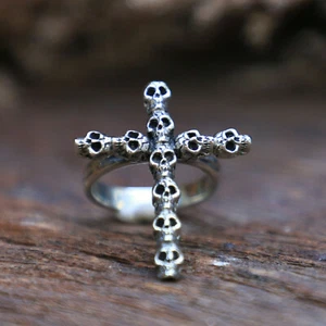 Cruz Calavera Gótico Anillo Hombre Plata Esterlina De Colección Pirata Motociclista Cristo Joyería - Imagen 1 de 12