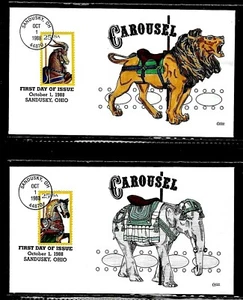2390 - 2393 25c Stamp (1988) THE CAROUSEL ANIMALS FDC SET FROM FRED COLLINS - Picture 1 of 2