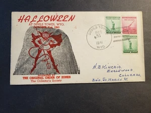 DEVILS TOWER, WYOMING 1941 Postal History Cover ZUNKS HALLOWEEN DEVIL Cachet - Picture 1 of 3