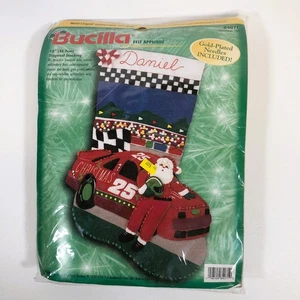 Vintage Bucilla Felt Applique 84071 Christmas Stocking Kit Santa Race Car NEW - Picture 1 of 5