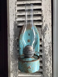 ~Characterful Antique Blue Metal 'Time Worn' Oil Lamp~ - Picture 1 of 12