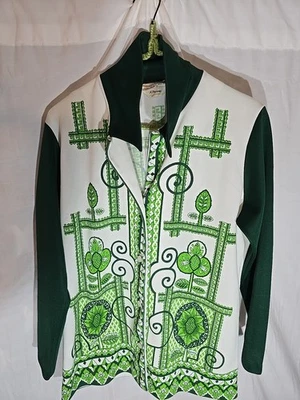 Vintage 1960s Blouse Top Shirt Geometric Floral Green Size Medium  - Image 1 of 4