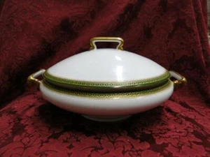 Tressemanes & Vogt 5222, White w/ Gold on Green Band: Covered Serving Bowl - Picture 1 of 5