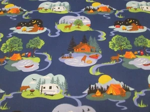 CAMPING AND CABINS on Blue - 1 YD - 100% Cotton - NEW!!! - Picture 1 of 3