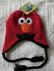 Elmo Sesame Street Aviator Style Hat w/Braids Orangish Red Black Fleece Lining - Picture 1 of 6