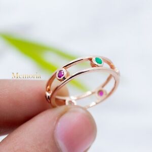 Genuine Ruby, Emerald & Sapphire 925 Sterling Silver Band Ring Jewelry Sz 7