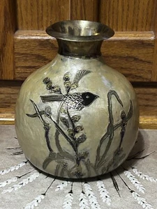 Vintage Bird Floral Enamel Over Brass Vase, Made In India - Picture 1 of 8