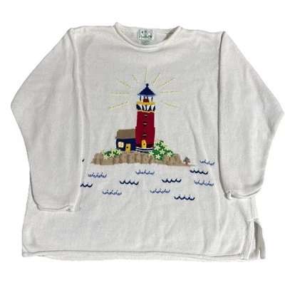 Women's Quacker Factory White Beaded Embroidered Roll Hem Lighthouse Sweater 1X - Image 1 of 4