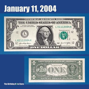January 11, 2004 Birthday Anniversary $1 One Dollar Bill Serial Number 01112004 - Picture 1 of 2