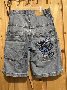 Vintage Machine Jeans 34 Blue Wide Leg Baggy Denim Shorts Snake Rave Skate - Picture 1 of 9