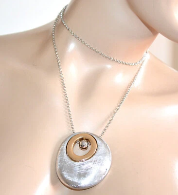 Collana lunga donna argento catenina collier ciondolo oro tondo zigrinato UA3 - Immagine 1 di 3