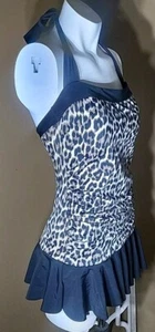 Aqua Green 1 Piece Halter Leopard Swimsuit Skirt Ruffle Medium - Picture 1 of 10