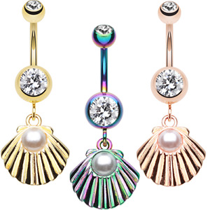 Ariel's Shell Dangle Belly Ring Rose Gold Rainbow Clear Navel CZ Pearl Sea Ocean