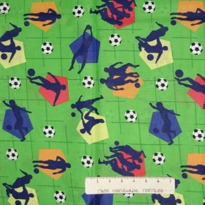 Sports Fabric - Soccer Ball & Player Silhouette Green - Lightweight Cotton YARD - Picture 1 of 1