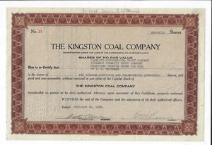 PENNSYLVANIA 1936 The Kingston Coal Company Stock Certificate #31 - Picture 1 of 2