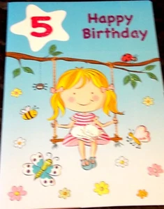 Girl's 5th Birthday Card by Heartstrings Cards. Swing Theme. - Picture 1 of 4