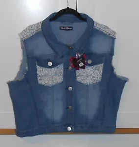 WOMEN'S LUCKY DIAMOND MEDIUM WASH LACEY BUTTON DOWN JEAN VEST - SIZE 5XLARGE - Picture 1 of 2