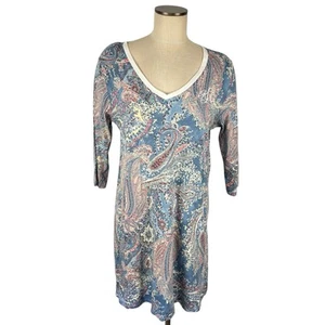 Abito T-Shirt Lauren Ralph Lauren Blu Bianco Paisley Logo Ricamato Scollo a V L - Foto 1 di 7