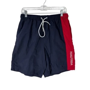 Nautica Men's Swim Trunks Medium Blue Red Spell Out Pockets Drawstring Swimwear - Picture 1 of 10