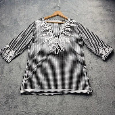 Gretchen Scott 女式衬衫中号格子束腰波西米亚刺绣 V 领  — 第 1/4 张图片