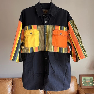 Vintage MACHINE Black Denim Color Block Button Front Shirt Men's L 90s Hip Hop - Image 1 of 4