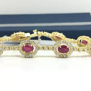 18k Yellow Gold Oval Natural Ruby Diamond Bracelet Halo Tennis July Birthstone - Picture 1 of 6