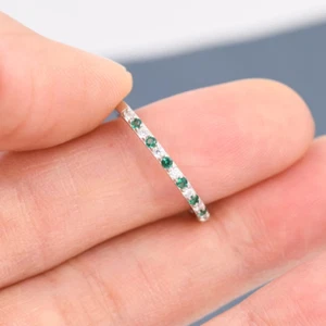 Emerald Green and CZ Half Eternity Ring in Sterling Silver Green Emerald CZ - Picture 1 of 3