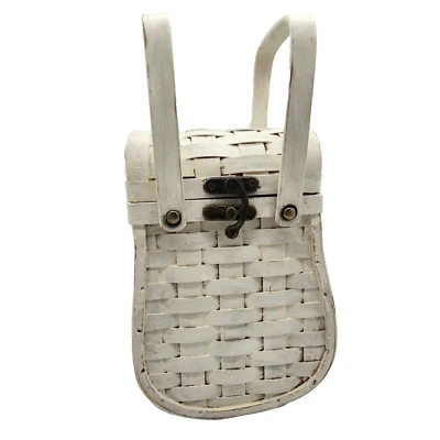 Vintage White Woven Wood Basket Purse Handbag Swing Clasp Hinged Handles - Image 1 of 4