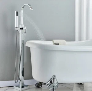 Chrome Free Standing Bathtub Faucet Floor Mounted with Hand Shower Tub Mixer Tap - Picture 1 of 8