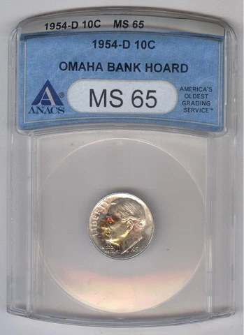 1954-D Roosevelt Silver Dime 10C + SILVER + ANACS + MS 65 + Omaha Bank Hoard Cover