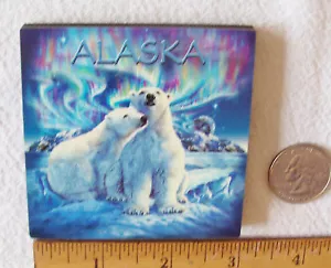 POLAR BEARS & NORTHERN LIGHTS MAGNET W/ALASKA NAMEDROP-3" X 3" LAMINATED ON WOOD - Picture 1 of 6