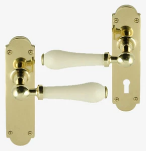 Cream Porcelain Lever Door Handle On Backplate Polished Brass - Picture 1 of 3