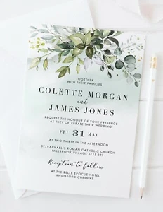 10 PERSONALISED WEDDING INVITATIONS - 4" x 6"  (small) - GREENERY COLLECTION - Picture 1 of 3