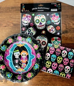 Placas y servilletas de papel y servilletas para boda calavera de azúcar con juego de pegatinas - Imagen 1 de 7
