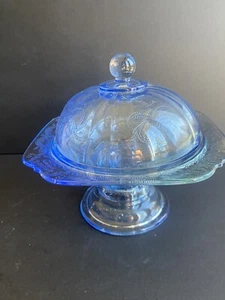 Indiana Glass MADRID Pedestal Compote Butter Dish Depression Glass Blue - Bild 1 von 6