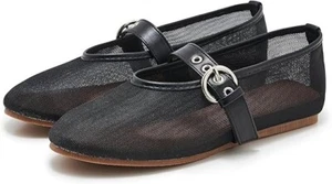 Womens Flat Black Mesh Ballet Slip On Mary Jane Casual Ballerina Shoes 10 - Picture 1 of 6