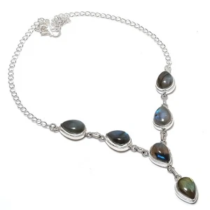 Natural Labradorite Gemstone 925 Sterling Silver Jwelery  Necklace Size 18'' - Picture 1 of 1