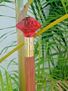 37" Vintage Antique Style Red Glass Handle Wood Walking Stick Cane - Picture 1 of 6
