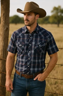 Ely Cattleman Western Pearl Snap Shirt Blue Plaid Short Sleeve Men’s Medium M - Image 1 of 4