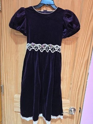 Vestido de Navidad de terciopelo para niñas 10/12 mangas abullonadas rosetas encaje ribete longitud midi Foto 1 de 4