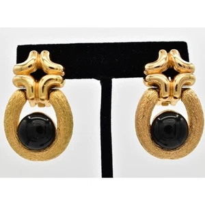 Christian Dior Vintage Cabochon Clip On Earrings Black Gold Chunky Signed BinU - Picture 1 of 12