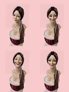 Black Chemo  Hat .Cotton Turban.with Fancy Long Black/ Animal Print  Band Scarf - Picture 1 of 9