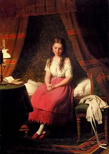Ölgemälde Johann Georg Meyer von Bremen - Besinnliches Mädchen auf Bett sitzend @ - Bild 1 von 1
