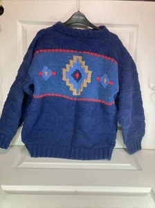 Vintage Ugly Christmas 100% Wool Blue Hand Knitted Fishermans Sweater Winter M/L - Bild 1 von 8