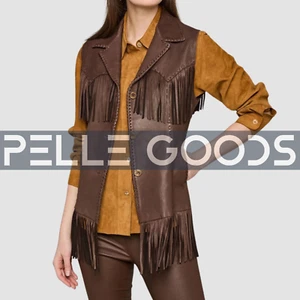 Lederweste Damen braun Fransen Western Cowgirl Vintage - Bild 1 von 6