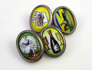 Vintage Sterling Silver Four Vices Lady Cards Wine Painted Cuff Links - Picture 1 of 4
