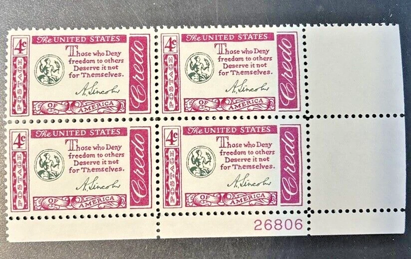 USA Sc#1143, 1960 4c Abraham Lincoln Quotation Stamp Plate Block MNH - Image 1 of 1