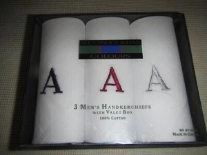 NEW!MEN 3 ALEXANDER JULIAN WHITE HANDKERCHIEFS-EMBROIDERED COLOURS Monogrammed A - Picture 1 of 1